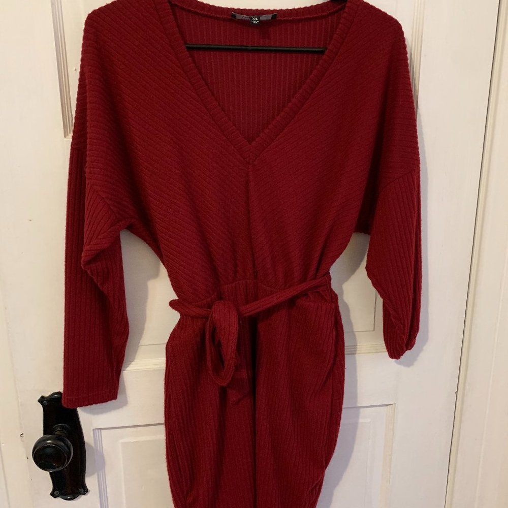 Lulus Red Long Sleeve Tie-Waist Sweater Dress